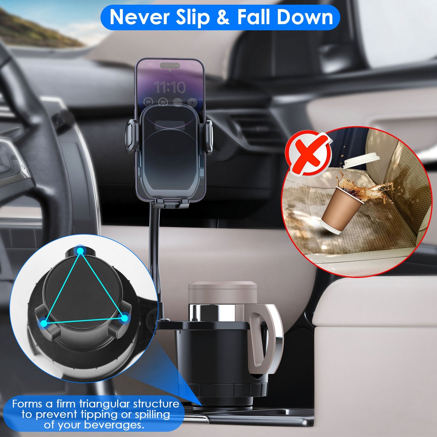 2-in-1 Car Cup & Phone Holder – 360° Flexible Gooseneck Mount