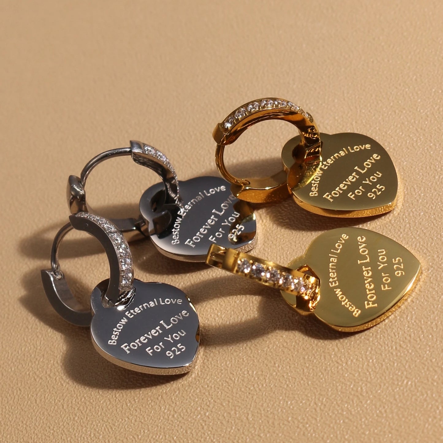 Zircon Heart Pendant Earrings – Gold Stainless Steel