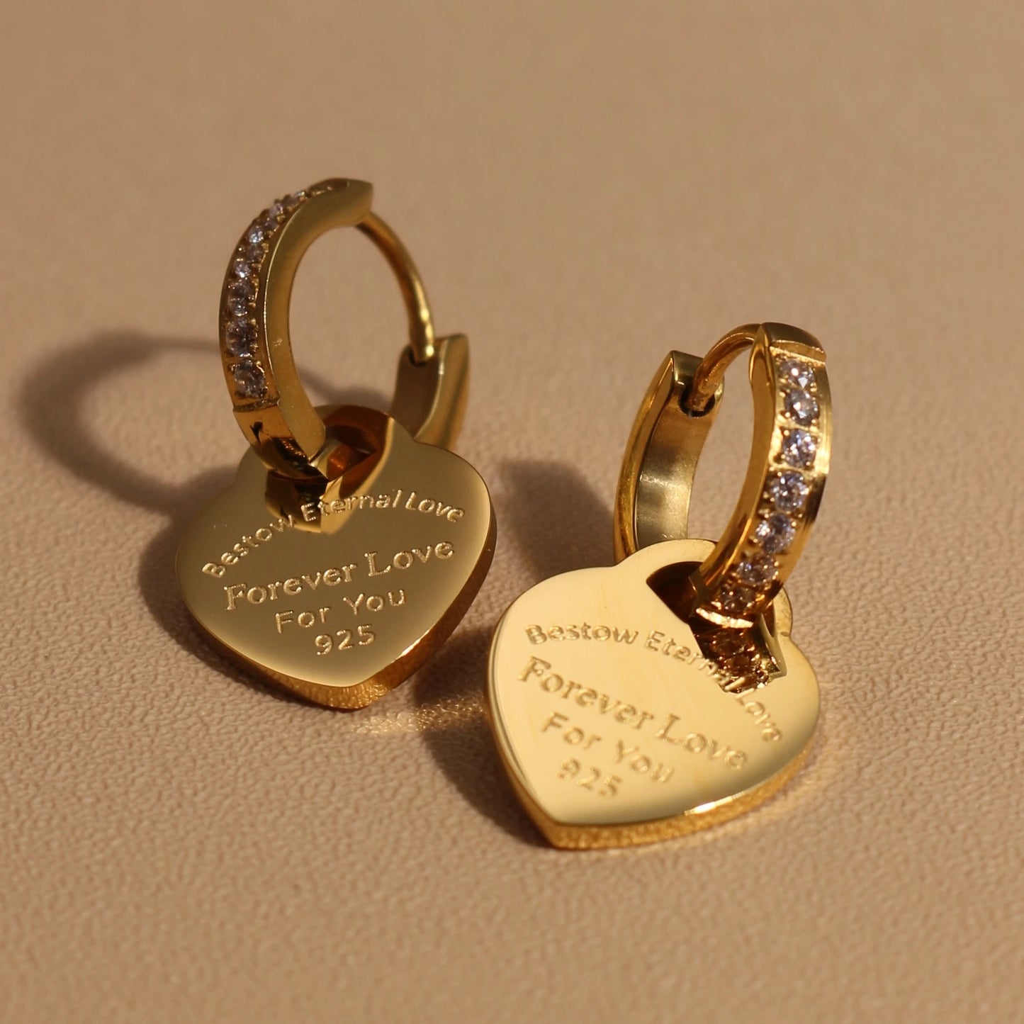 Zircon Heart Pendant Earrings – Gold Stainless Steel