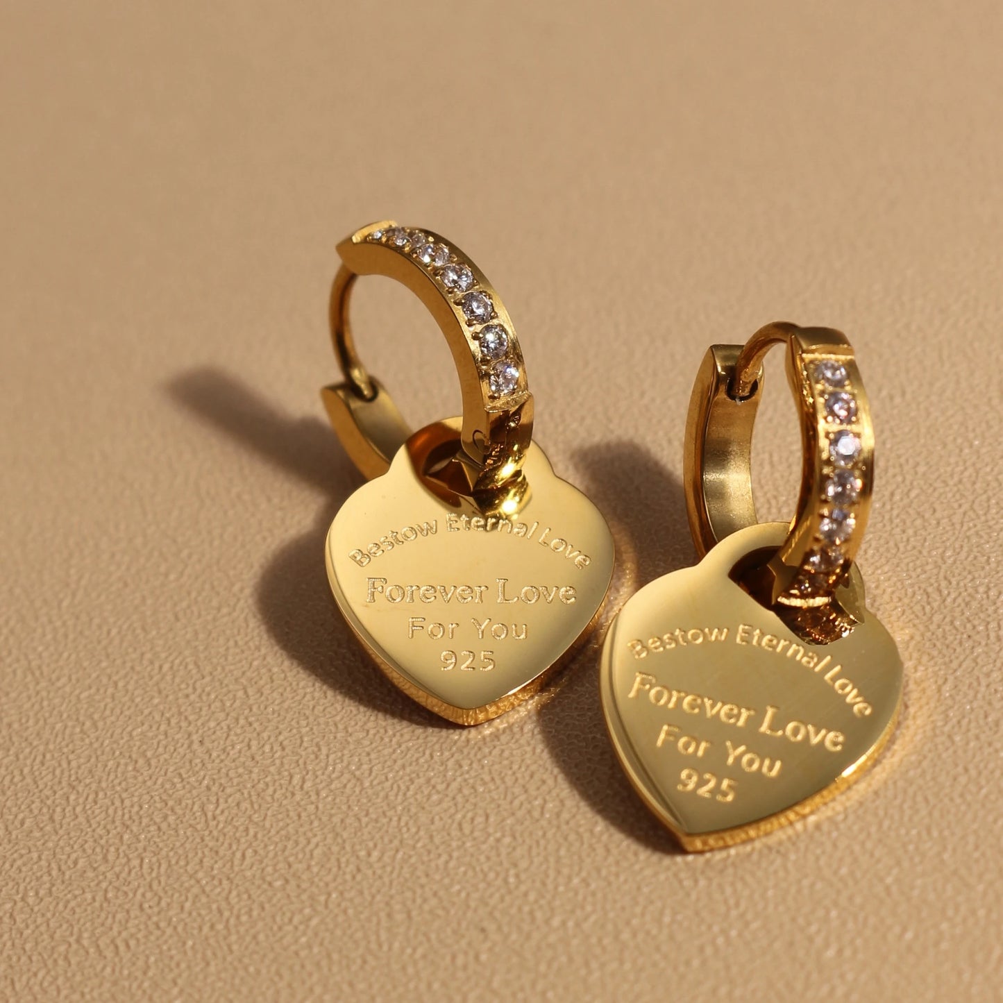 Zircon Heart Pendant Earrings – Gold Stainless Steel