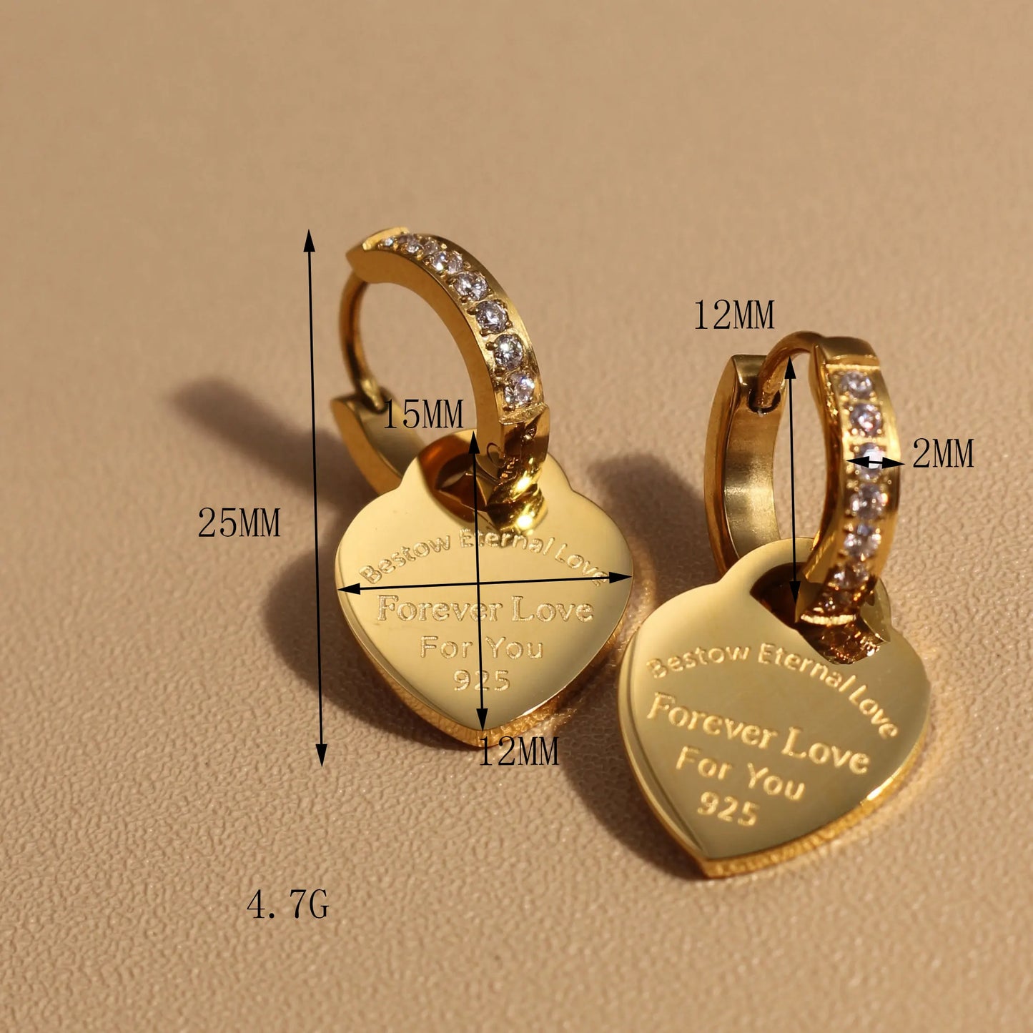 Zircon Heart Pendant Earrings – Gold Stainless Steel